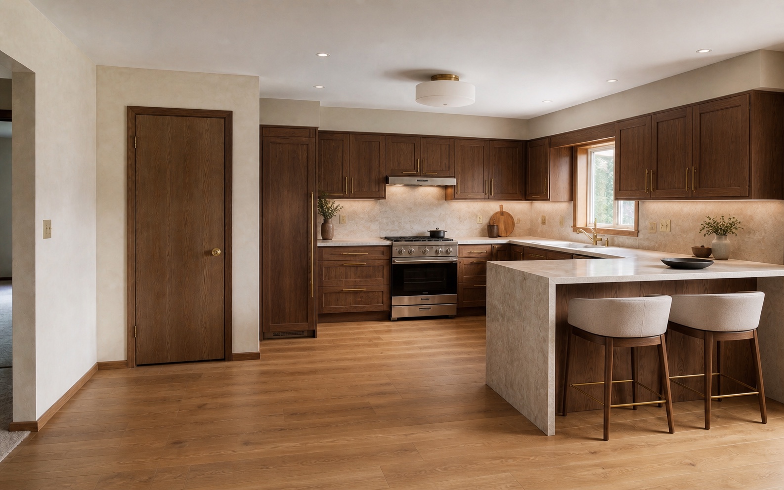 The same kitchen after a warm renovation, with cream cabinets, stone counters, wood floors, and the original doorway, window, appliance wall, and peninsula.